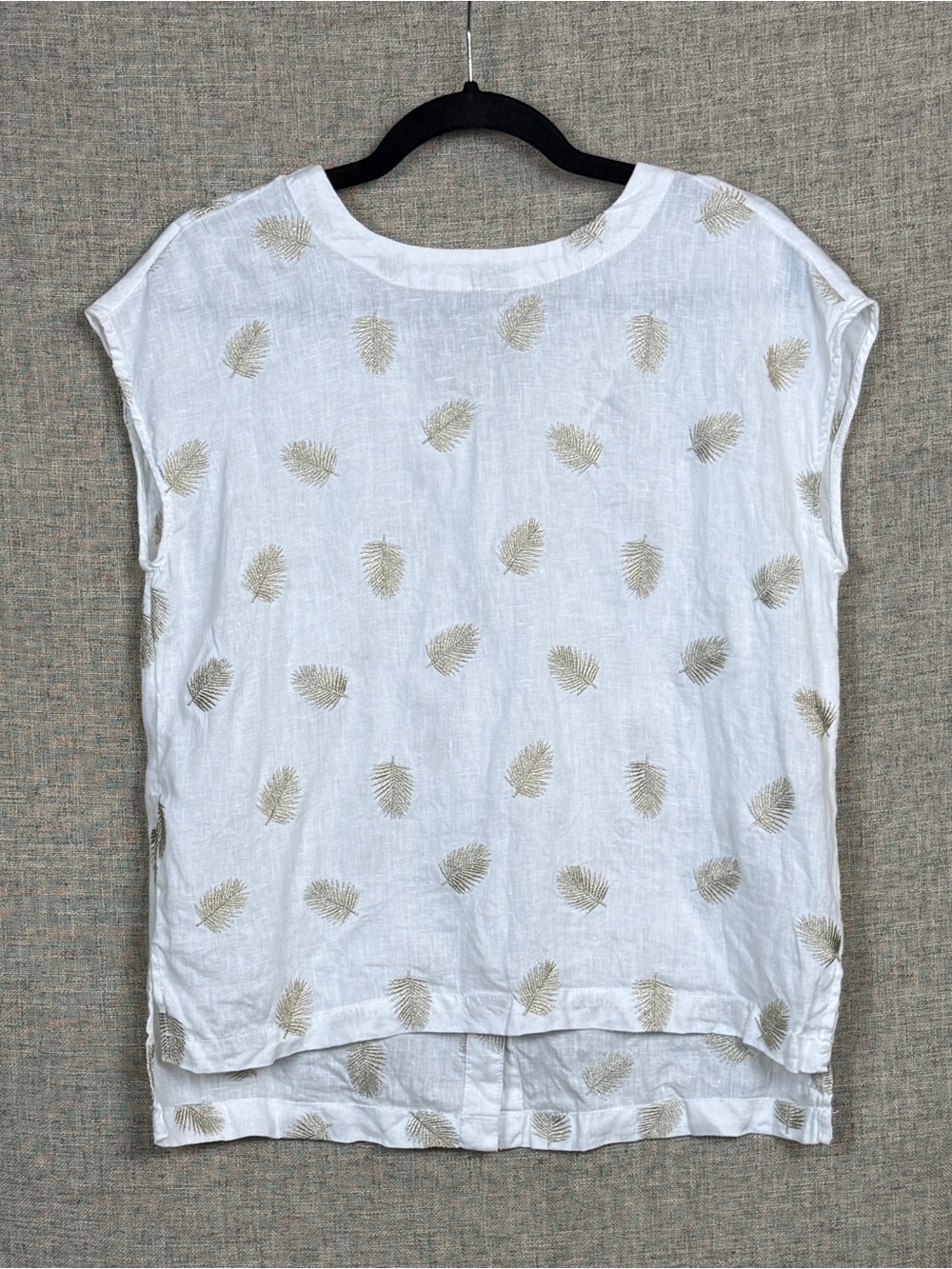 Cynthia Rowley White Linen Shell Top with Gold Feather Embroidery